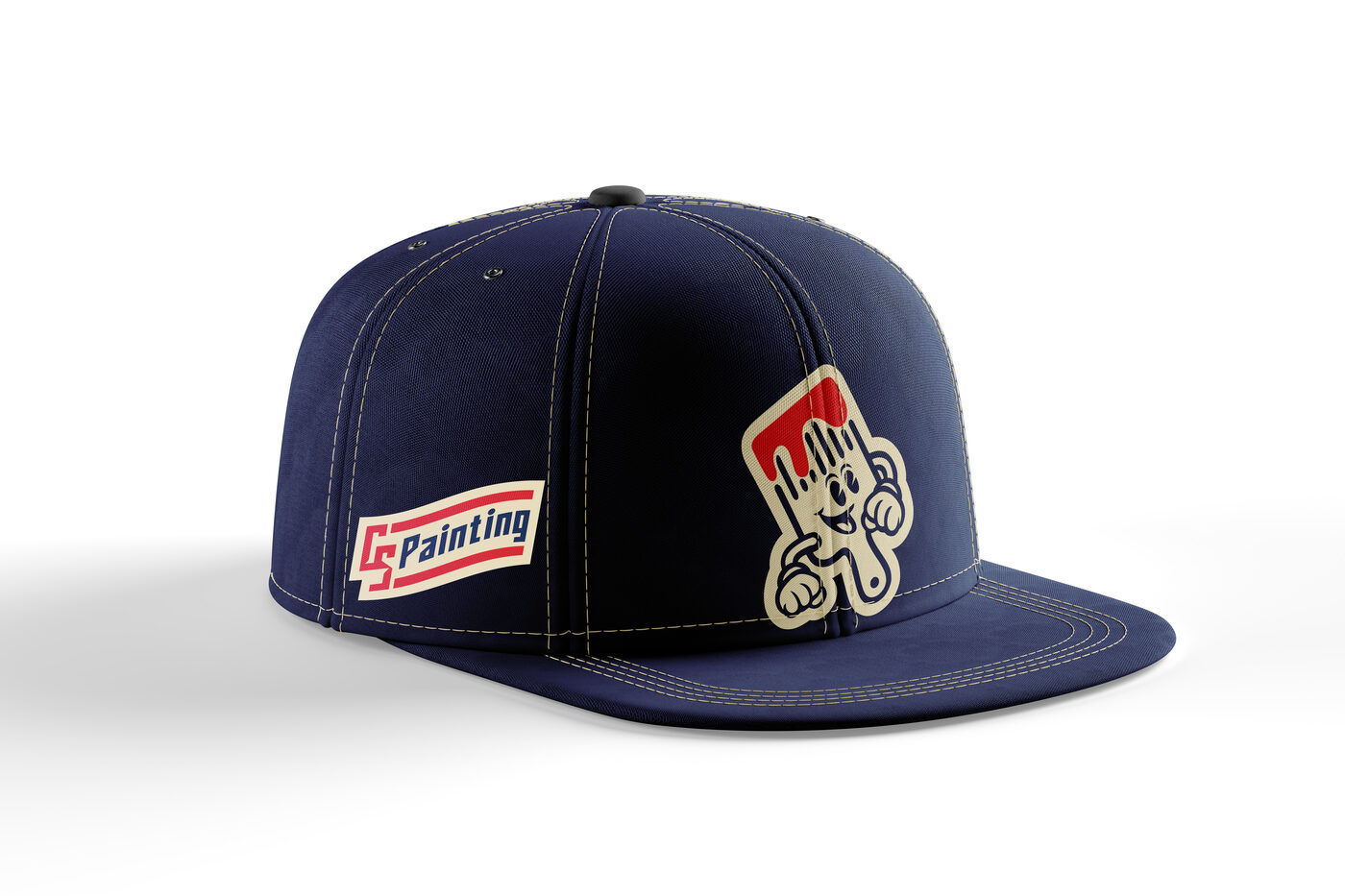 Navy hat with the inverse icon on the front and the inverse wordmark on the side