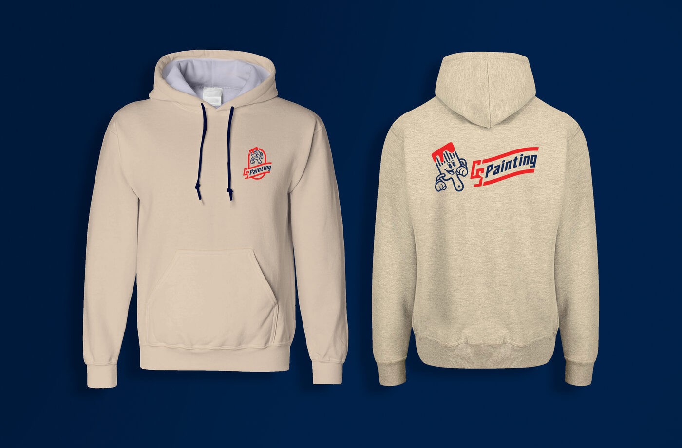 Cream hoodie with the badge on the chest and the horizontal logo across the back